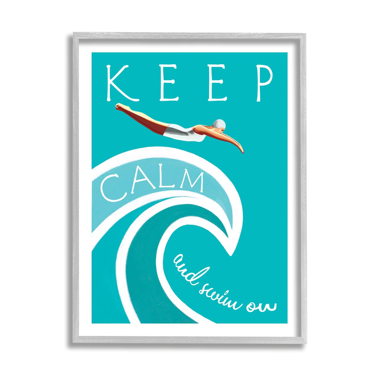 Stupell Industries Keep Calm Swim On Phrase Female Diver Blue Wave in Gray Frame Wall Art